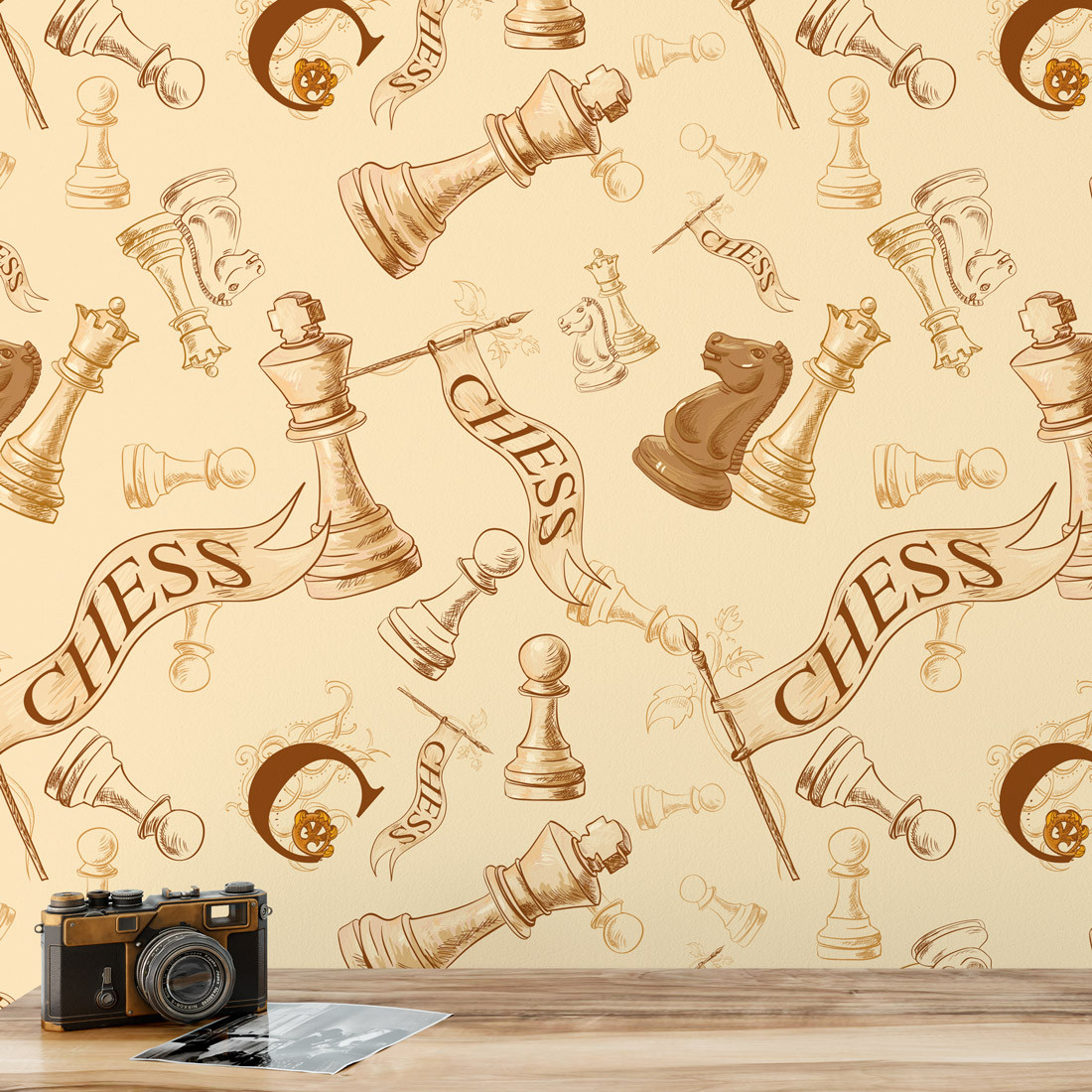 Tabuleiro de xadrez criativo em papel de parede cinza com lugar